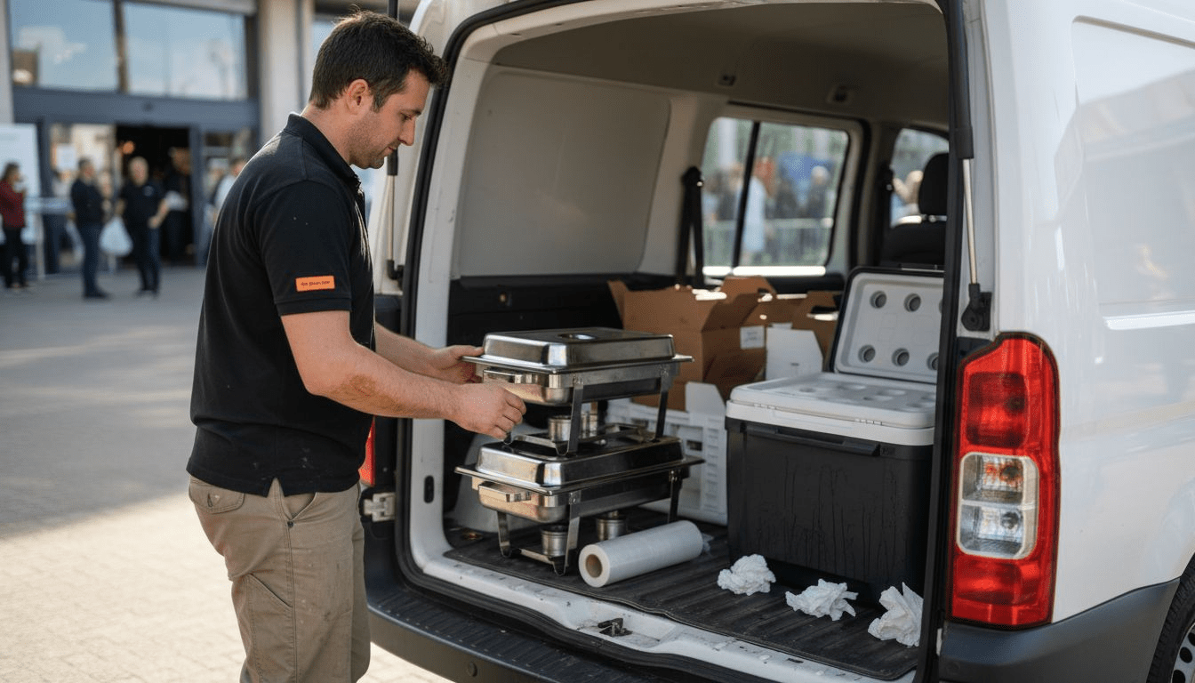 Catering staff loading food containers for delivery