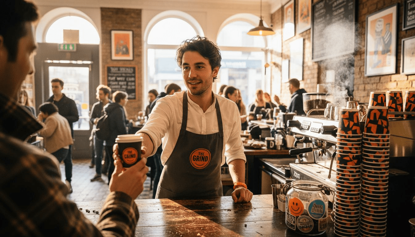 Barista in UK café hands branded cup