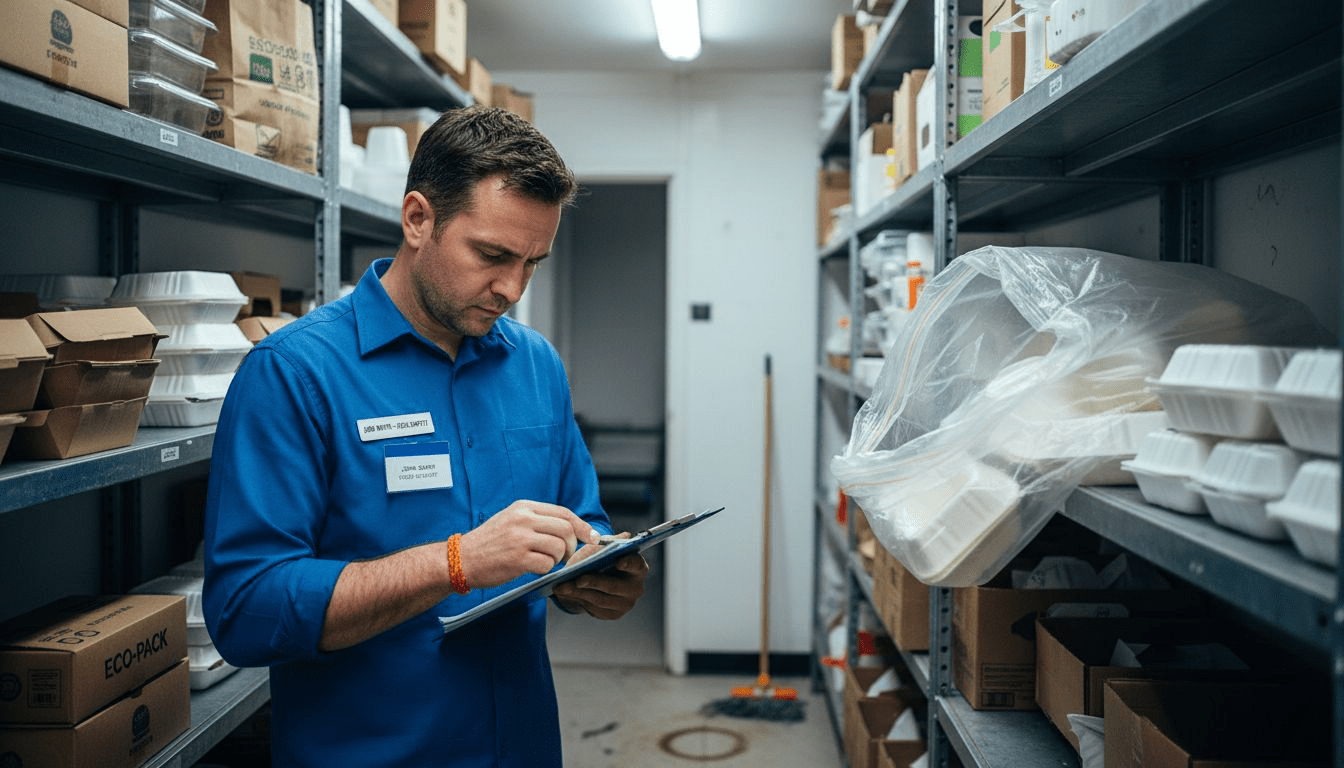 Food safety manager inspecting packaging storage area