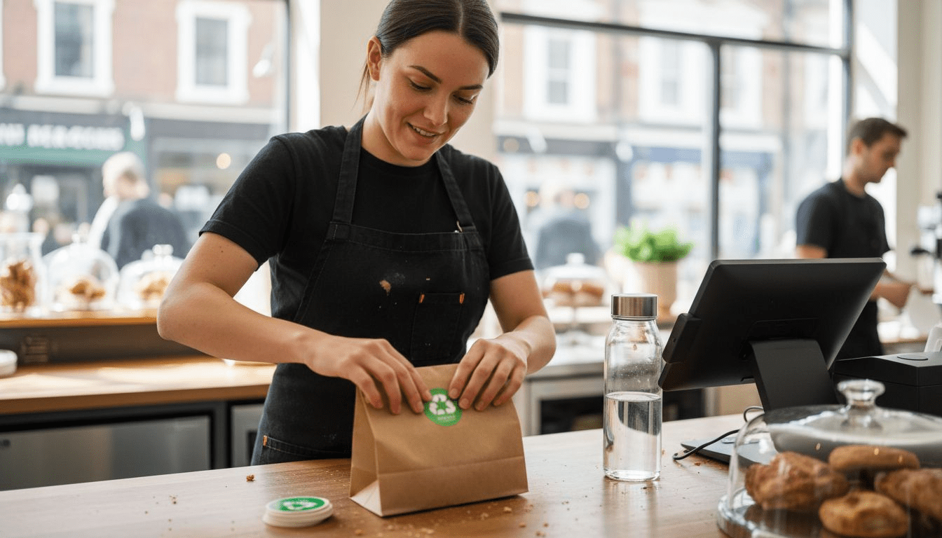 Barista packaging takeaway food in UK café