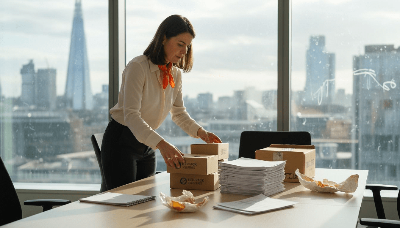 Packaging expert arranging UK food container samples