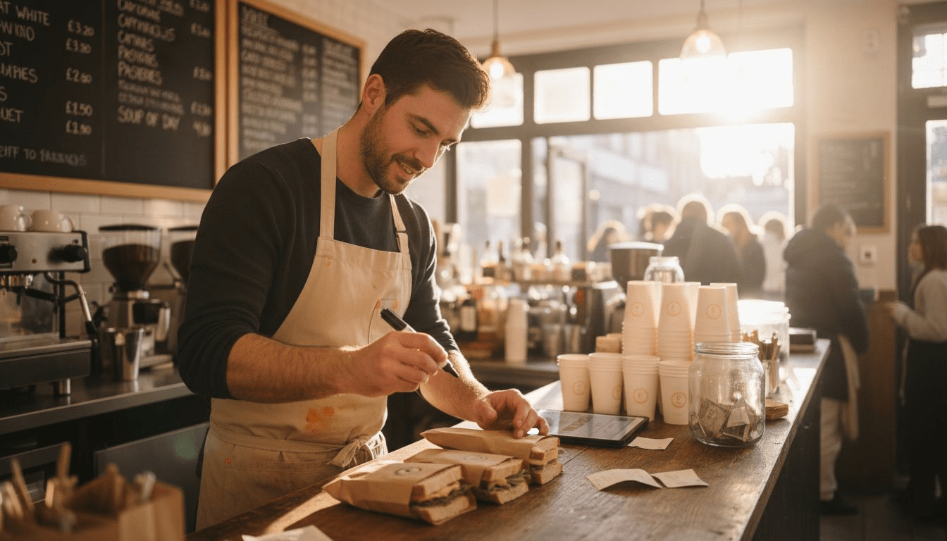Cafe owner displaying various packaging types