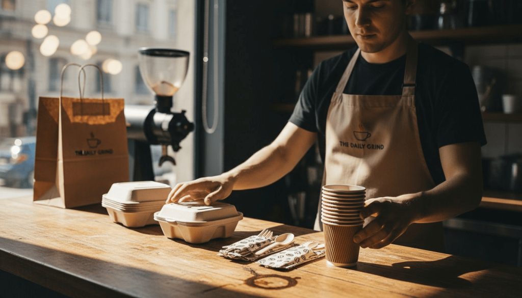 Barista arranges takeaway café packaging on counter