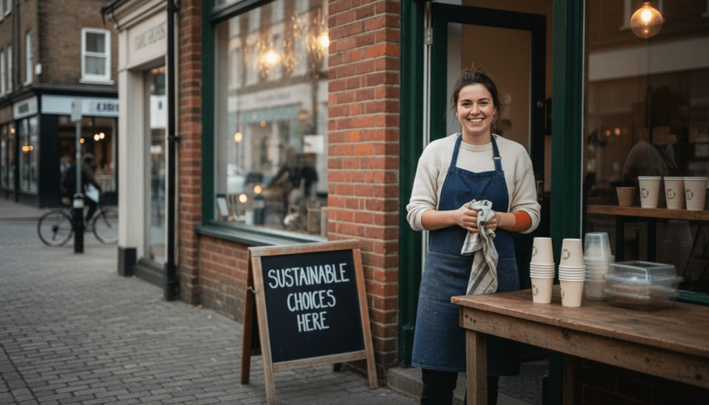 UK café owner with eco packaging outside