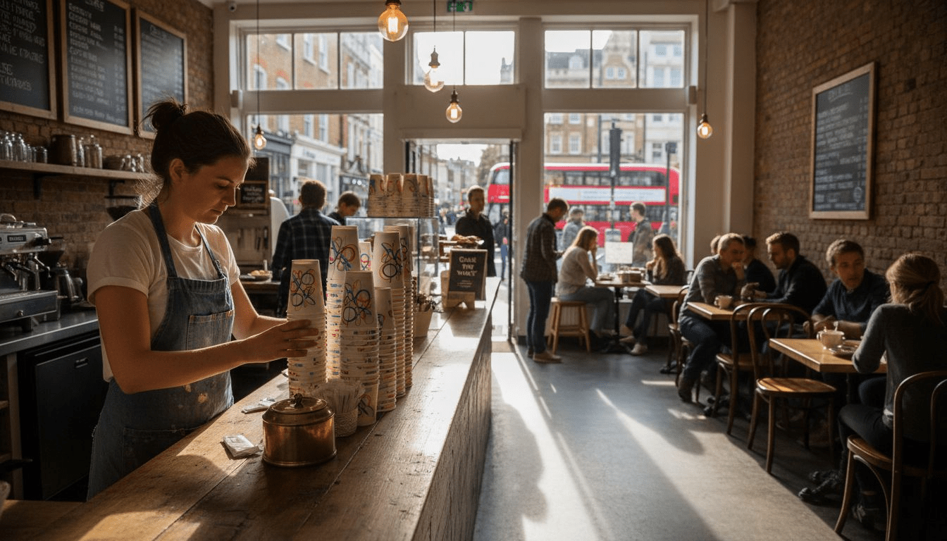 Barista arranging branded coffee cups UK café