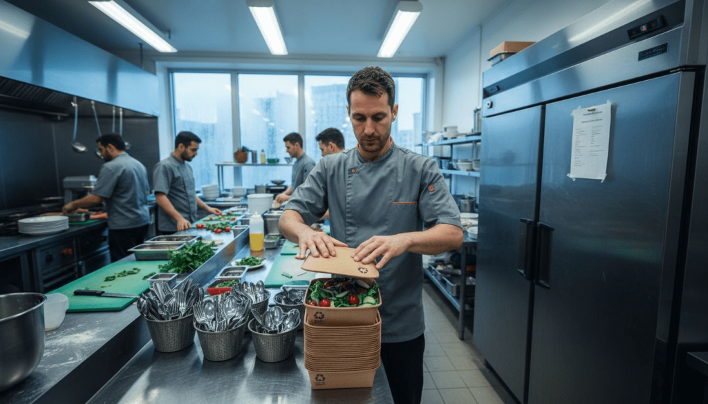 Manager preparing eco-friendly catering packaging