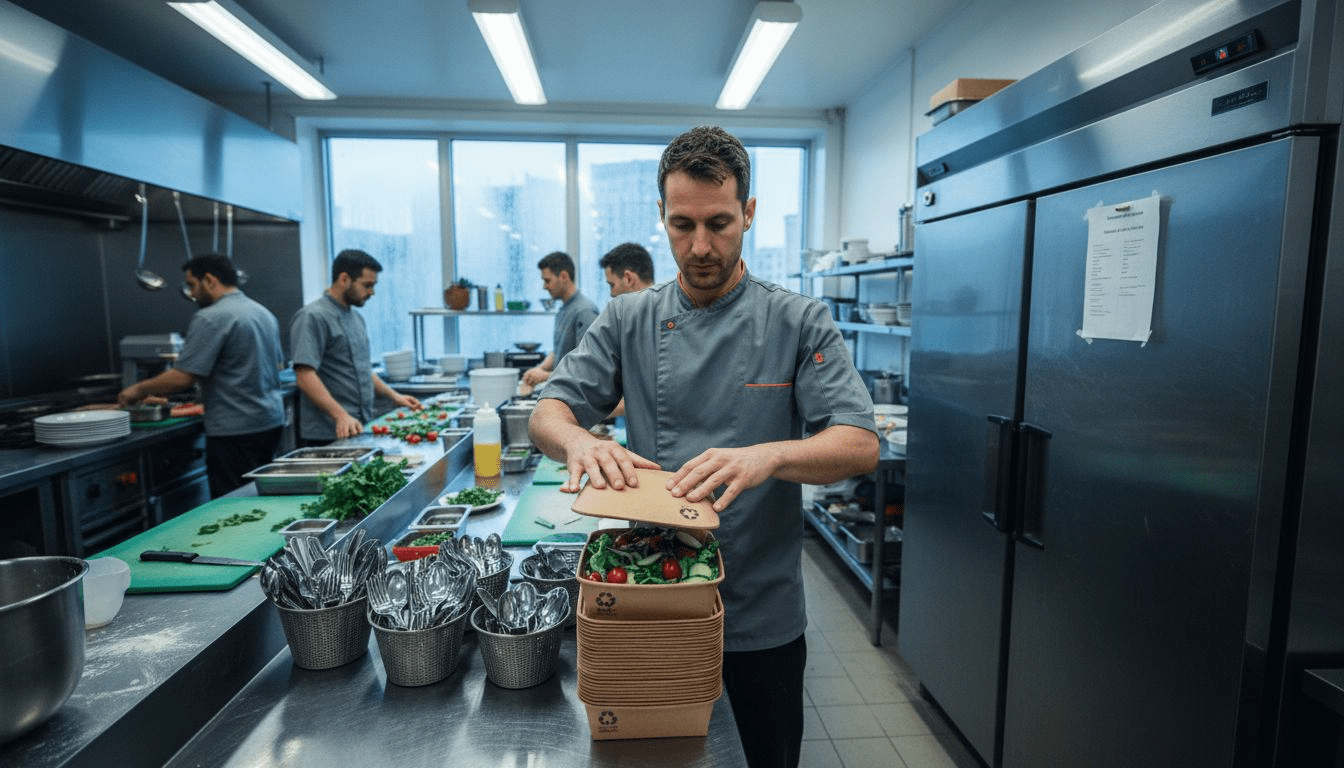 Manager preparing eco-friendly catering packaging