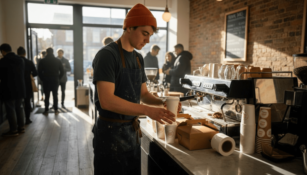 Barista arranging branded café packaging