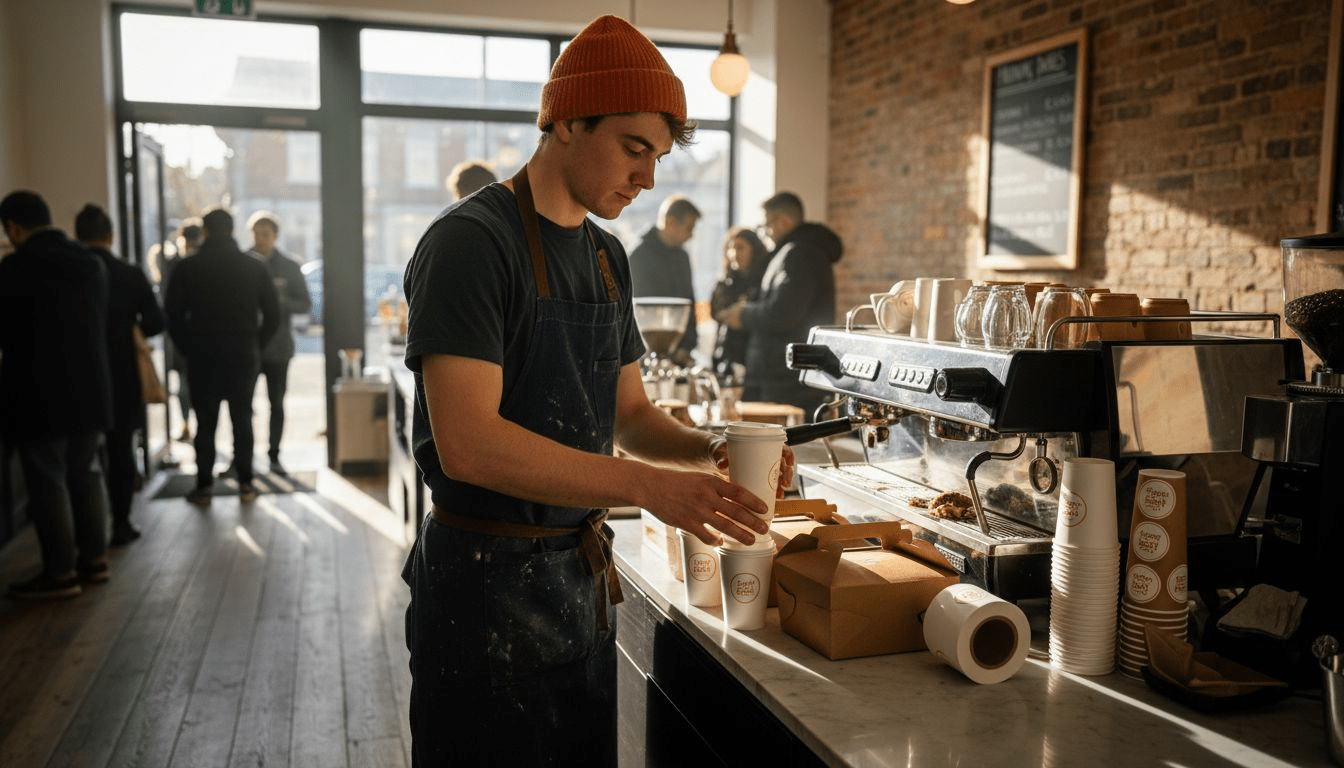 Barista arranging branded café packaging