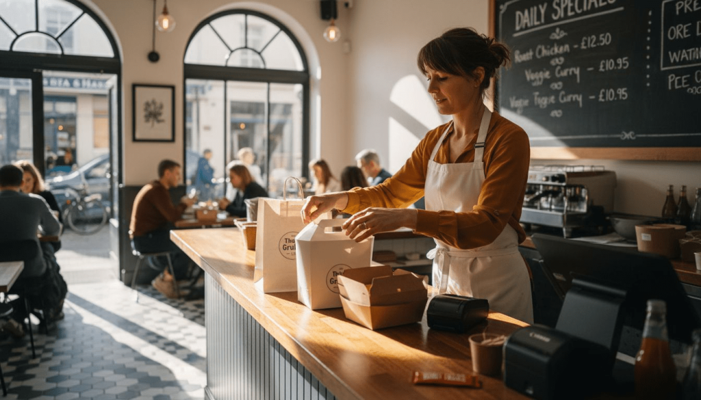 Manager arranging branded restaurant packaging