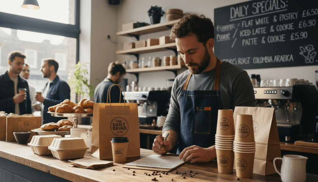 UK coffee shop owner reviewing packaging options