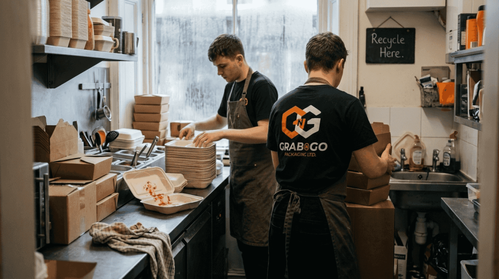 Café staff preparing sustainable food packaging supplies