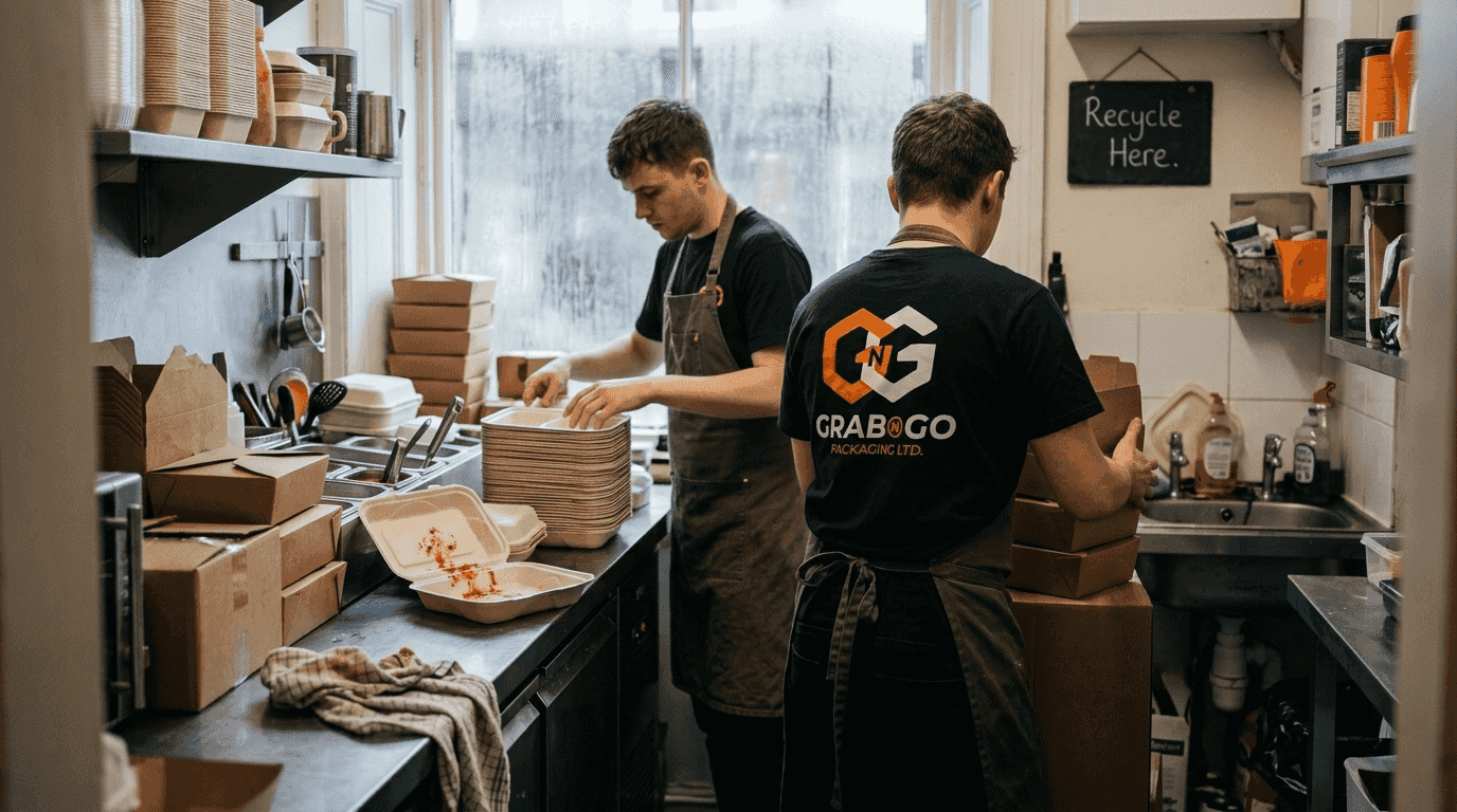Café staff preparing sustainable food packaging supplies
