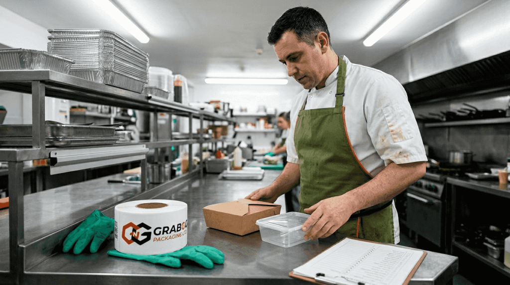 Food manager evaluating packaging in kitchen