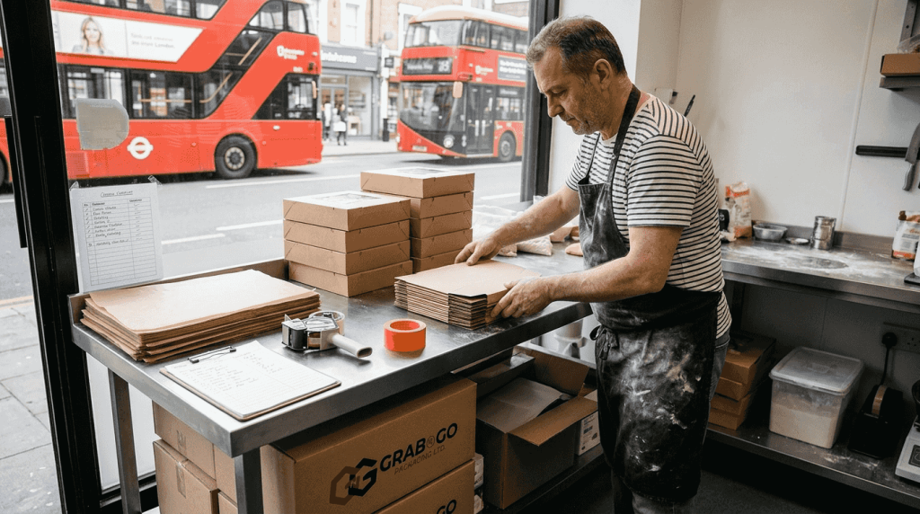 Bakery owner arranging custom UK food packaging
