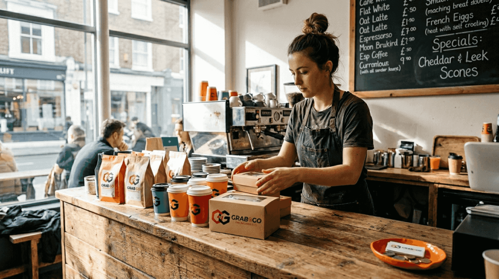 Barista arranging café branded packaging display