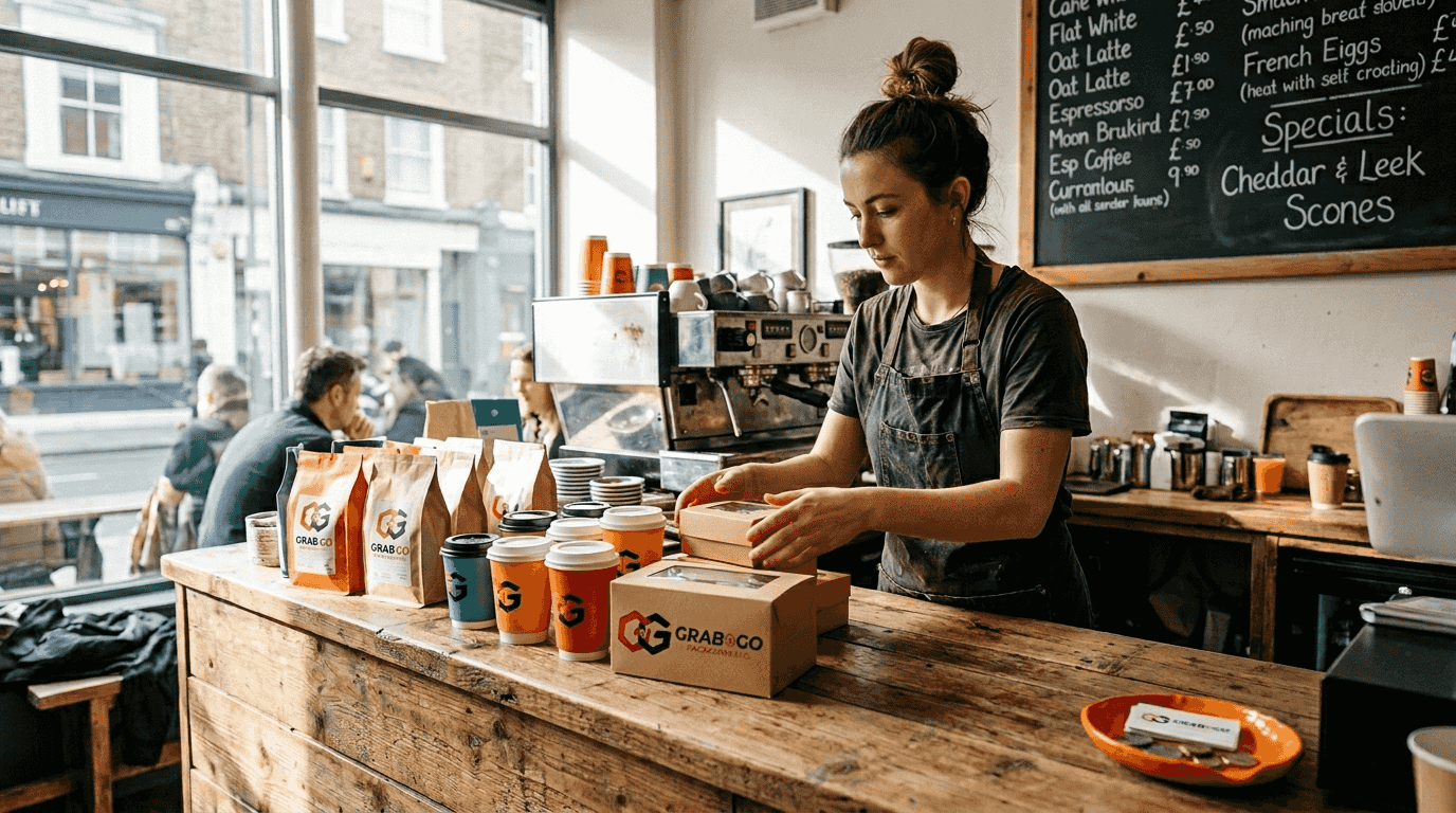 Barista arranging café branded packaging display