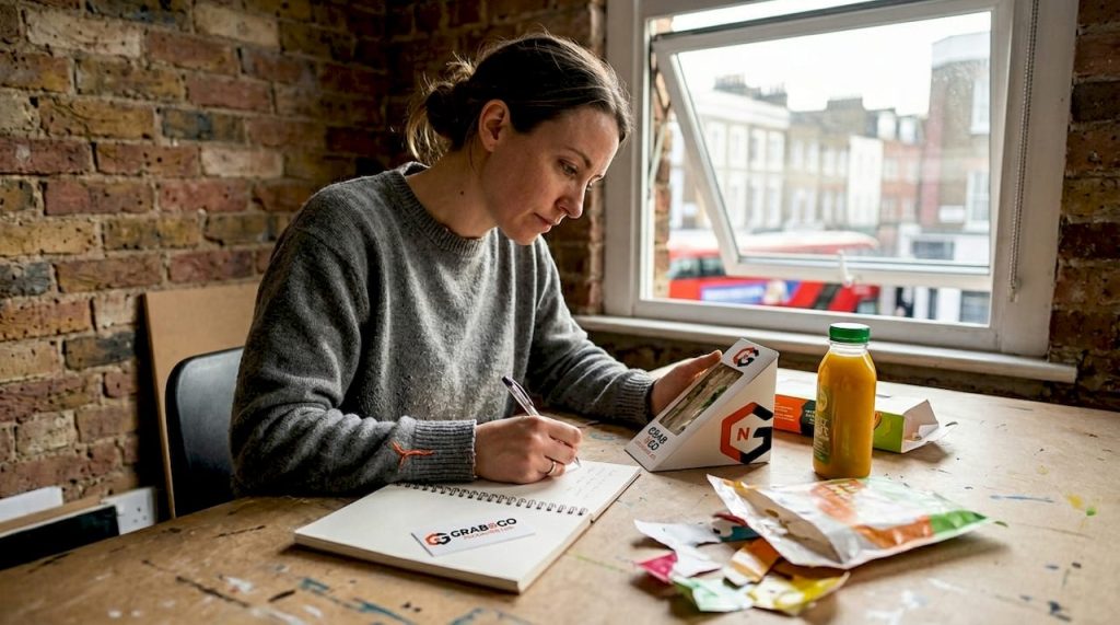 Designer working with UK food packaging mockups