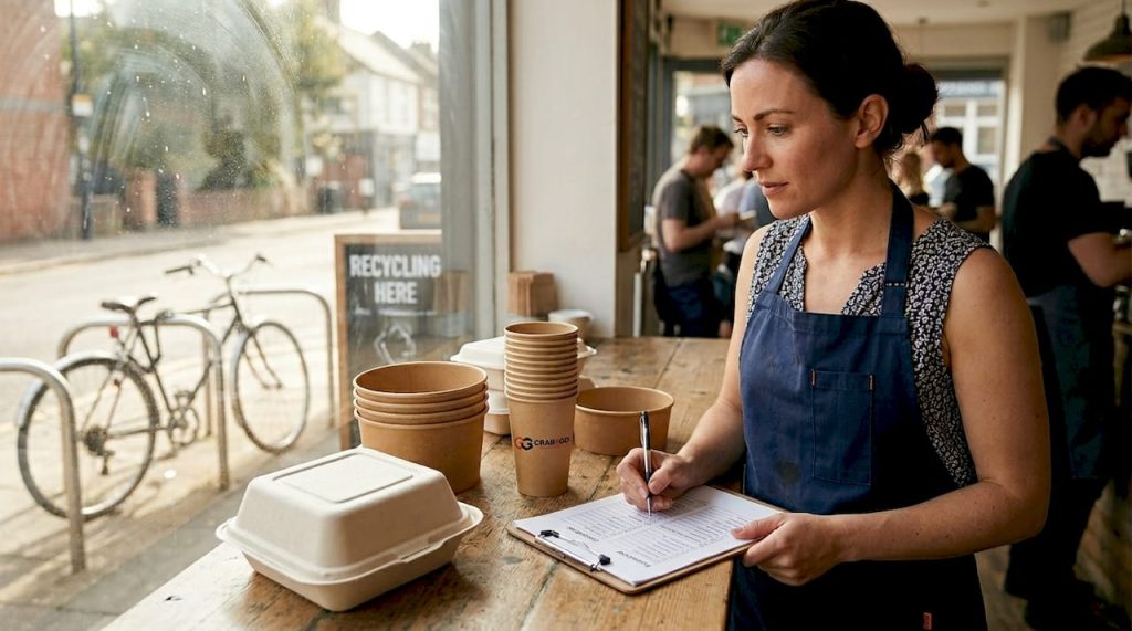 Café manager reviewing sustainable food packaging options