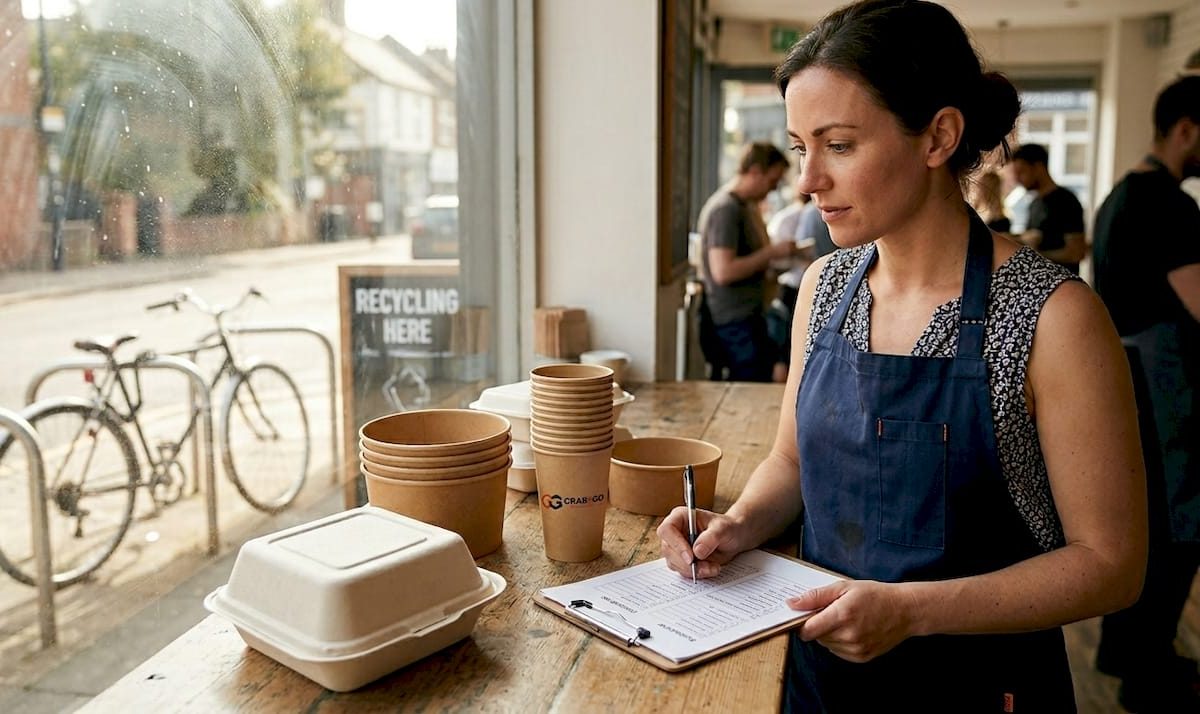 Café manager reviewing sustainable food packaging options