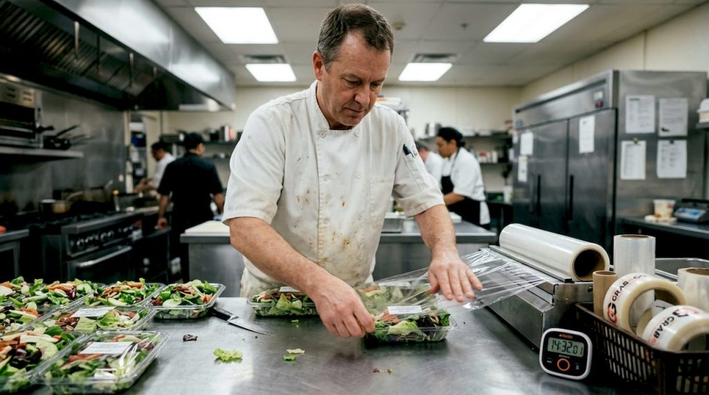 Chef sealing salads at kitchen prep counter