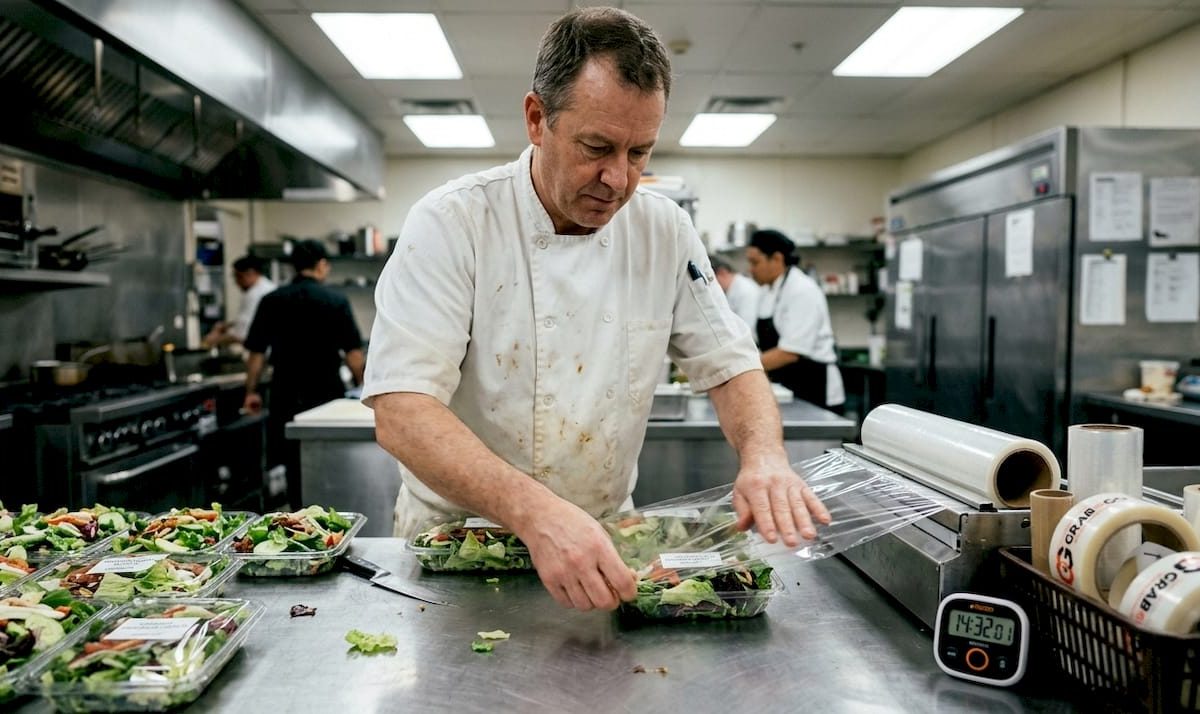 Chef sealing salads at kitchen prep counter