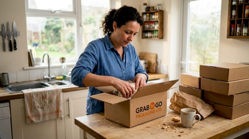 Woman packing sandwiches in corrugated food box