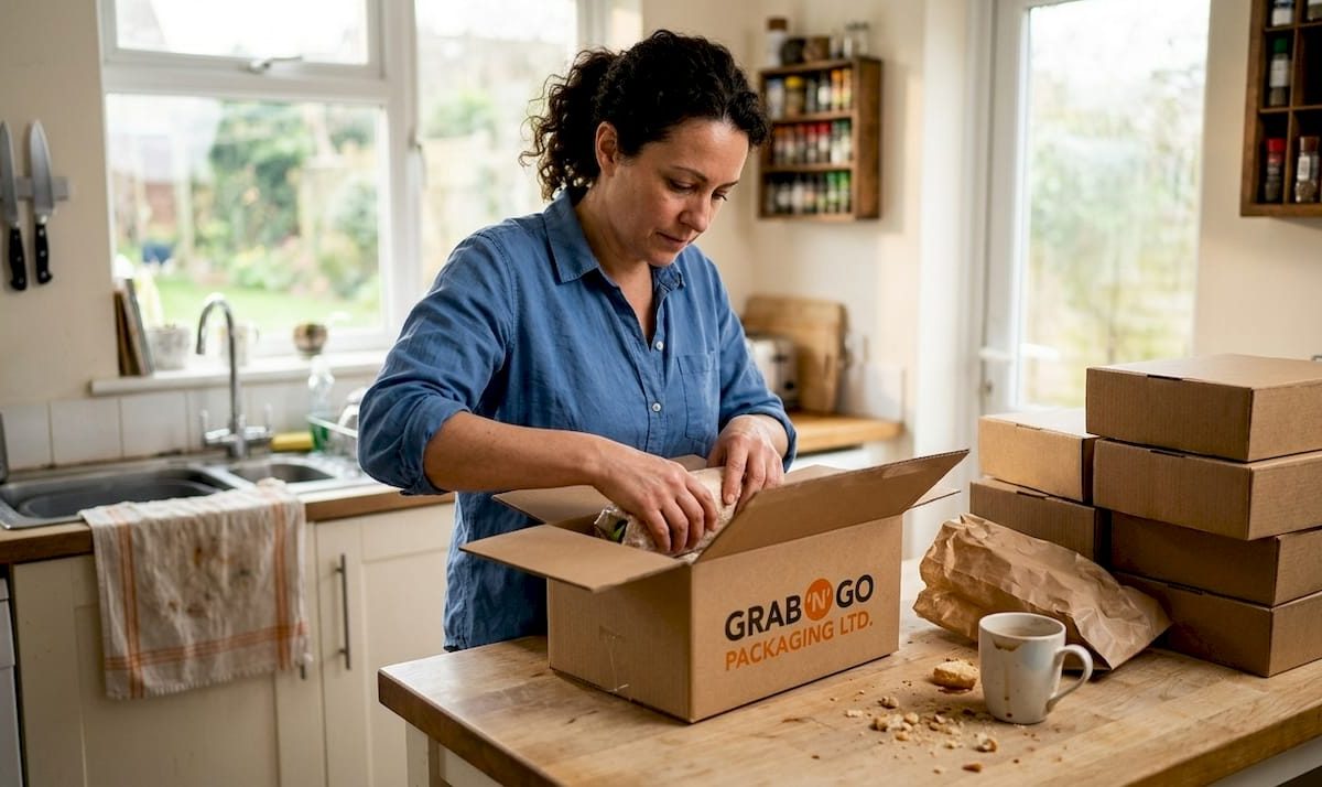 Woman packing sandwiches in corrugated food box
