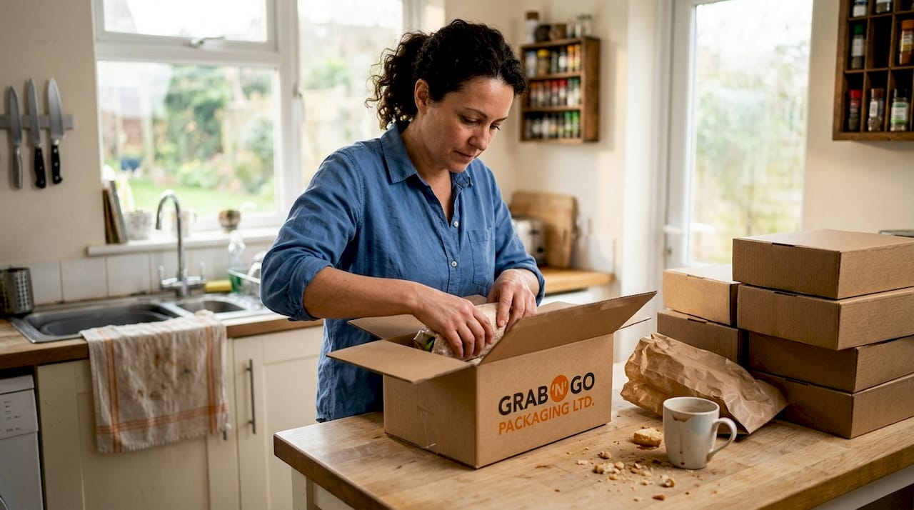Woman packing sandwiches in corrugated food box