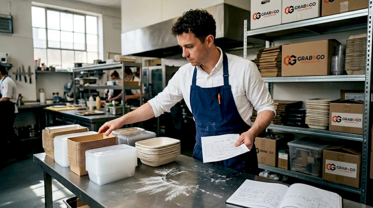 Chef organizing catering packaging supplies in kitchen