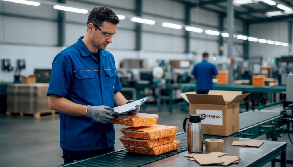 Manager inspecting paperboard food packaging on factory line