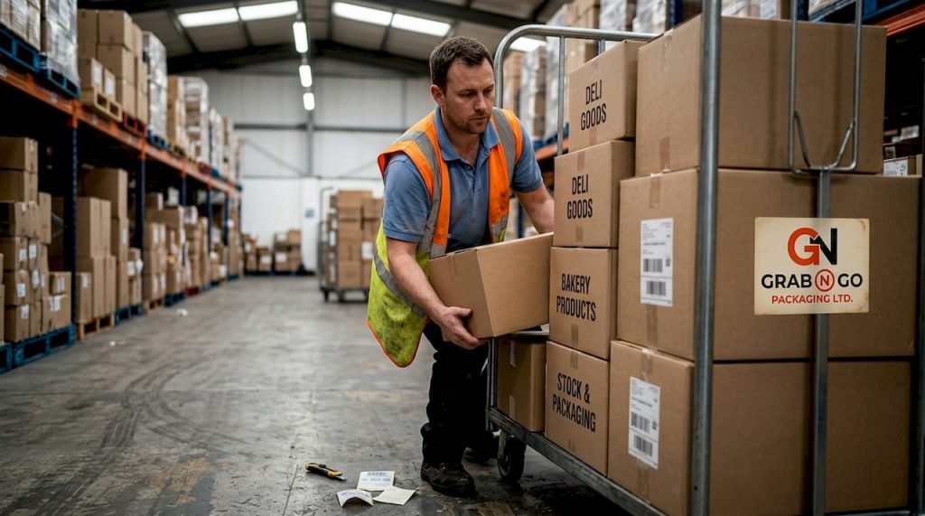 Worker stacking corrugated food boxes in warehouse