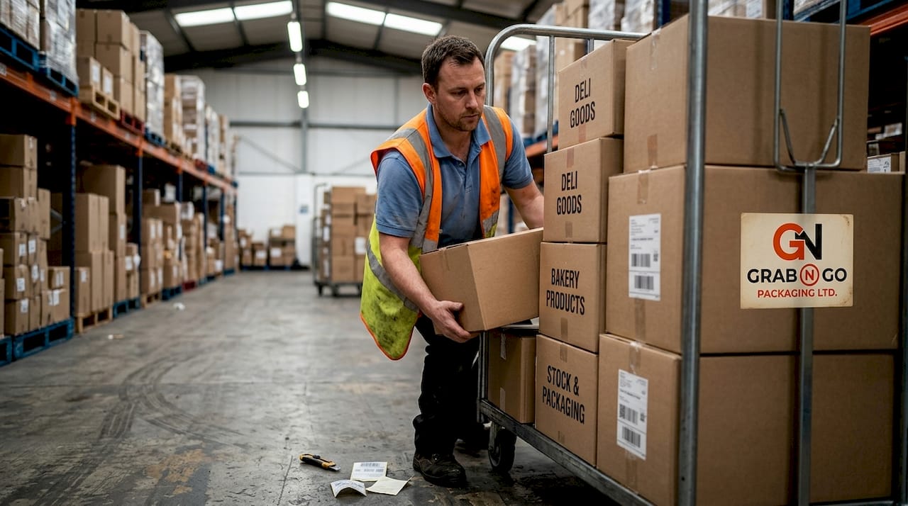 Worker stacking corrugated food boxes in warehouse