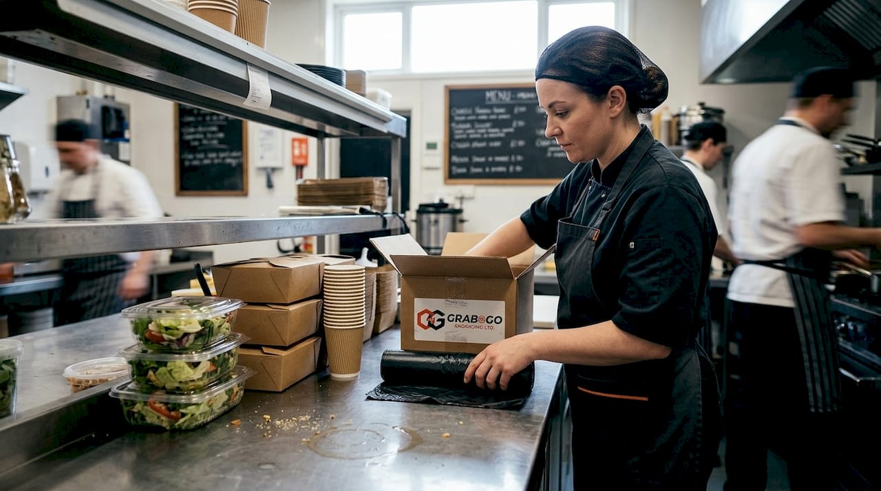 Kitchen assistant sorting catering disposables