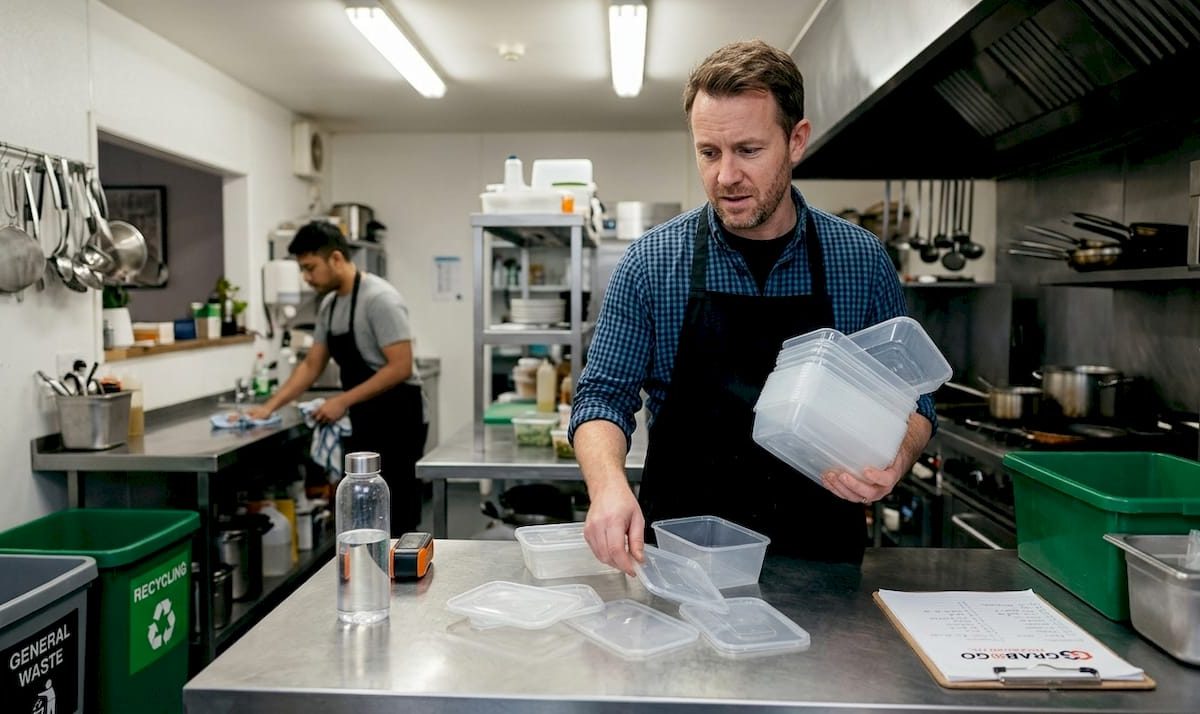 Food service owner sorts plastics in café kitchen