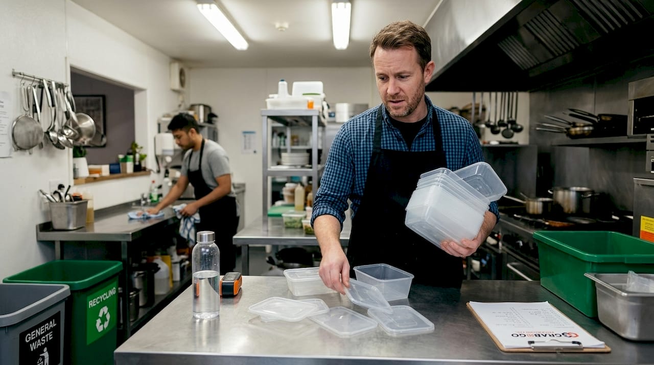 Food service owner sorts plastics in café kitchen