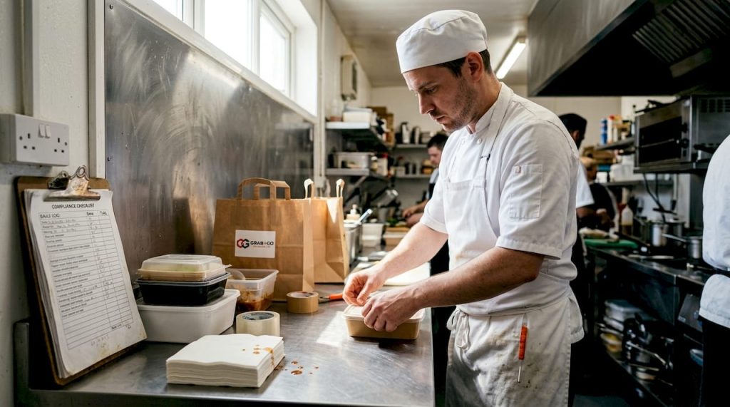 Chef sealing takeaway food container in kitchen
