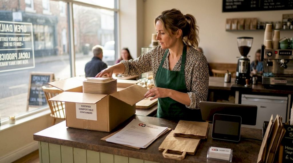Café manager unpacking compostable packaging delivery