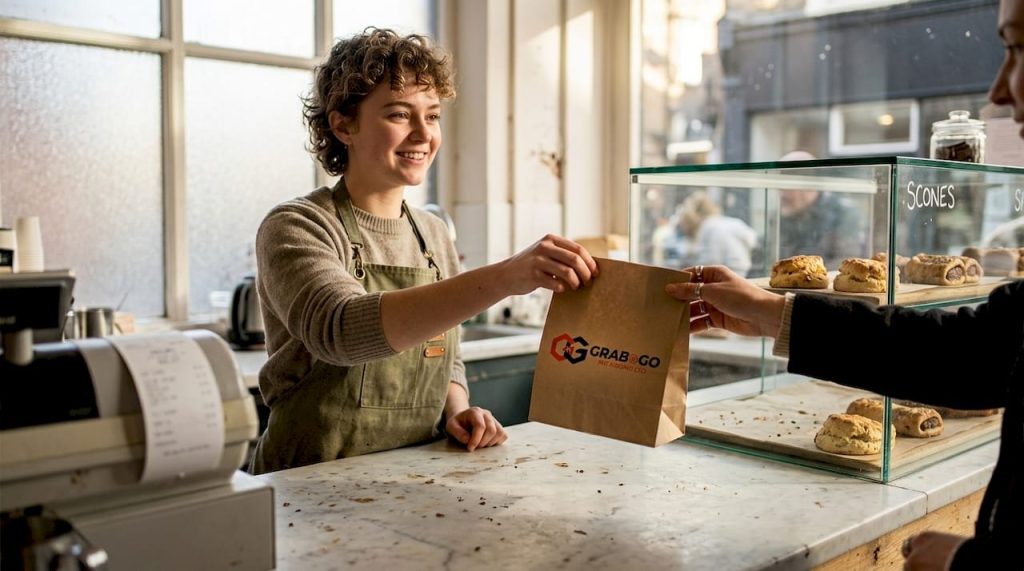 Barista handing compostable bag to customer